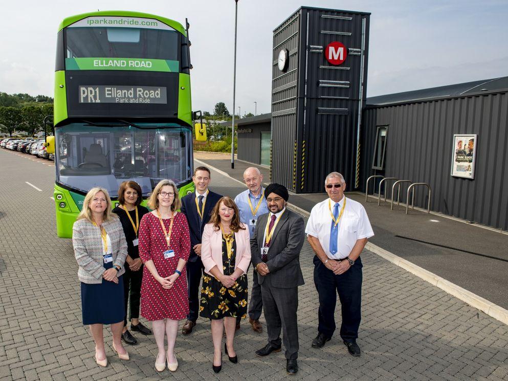 Park and Ride - Elland Road: Cllr Lisa Mulherin and Cllr Kim Groves (centre) joined by Connecting Leeds partners from Leeds CC, West Yorkshire Combined Authority, First Buses and BAM Nuttall.