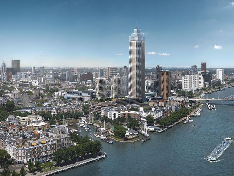 Artist's impression van de hoogste toren van de Benelux, de 215 meter hoge De Zalmhaven in Rotterdam.