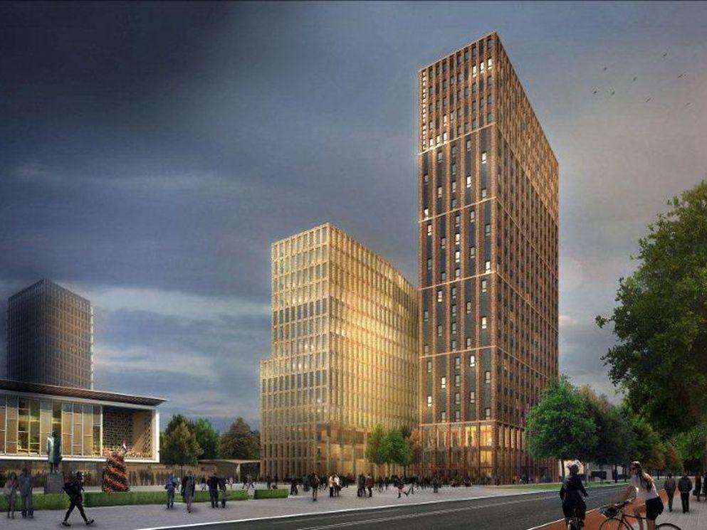 Artist’s impression van The Student Hotel aan het Stationsplein in Eindhoven (rechts).