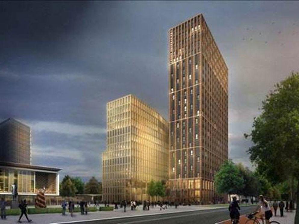 Artist’s impression van The Student Hotel aan het Stationsplein in Eindhoven (rechts)
