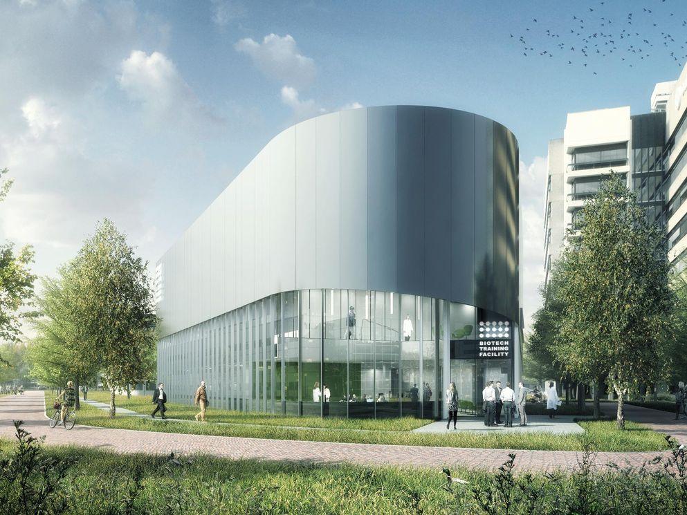 Artist’s impression van de Biotech Training Facility op Leiden Bio Science Park. Ontwerp: Ector Hoogstad Architecten te Rotterdam.