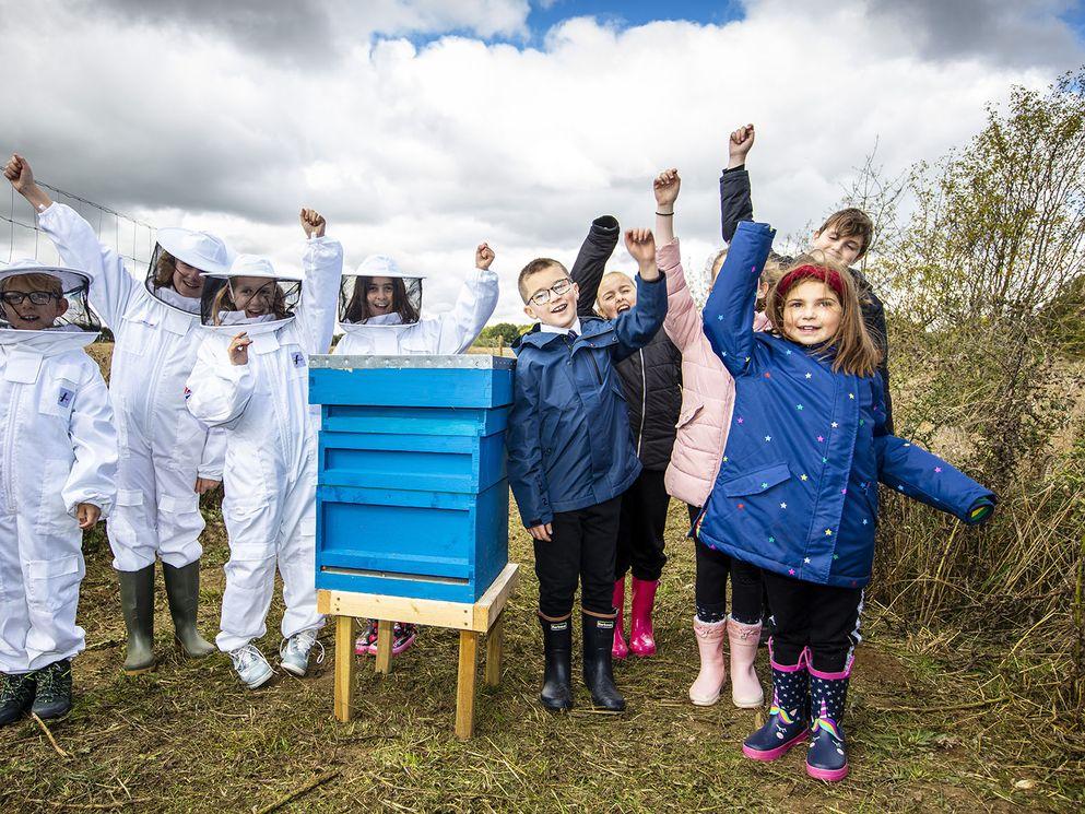 Northants school children celebrate first beehives installed on HS2 wildlife site