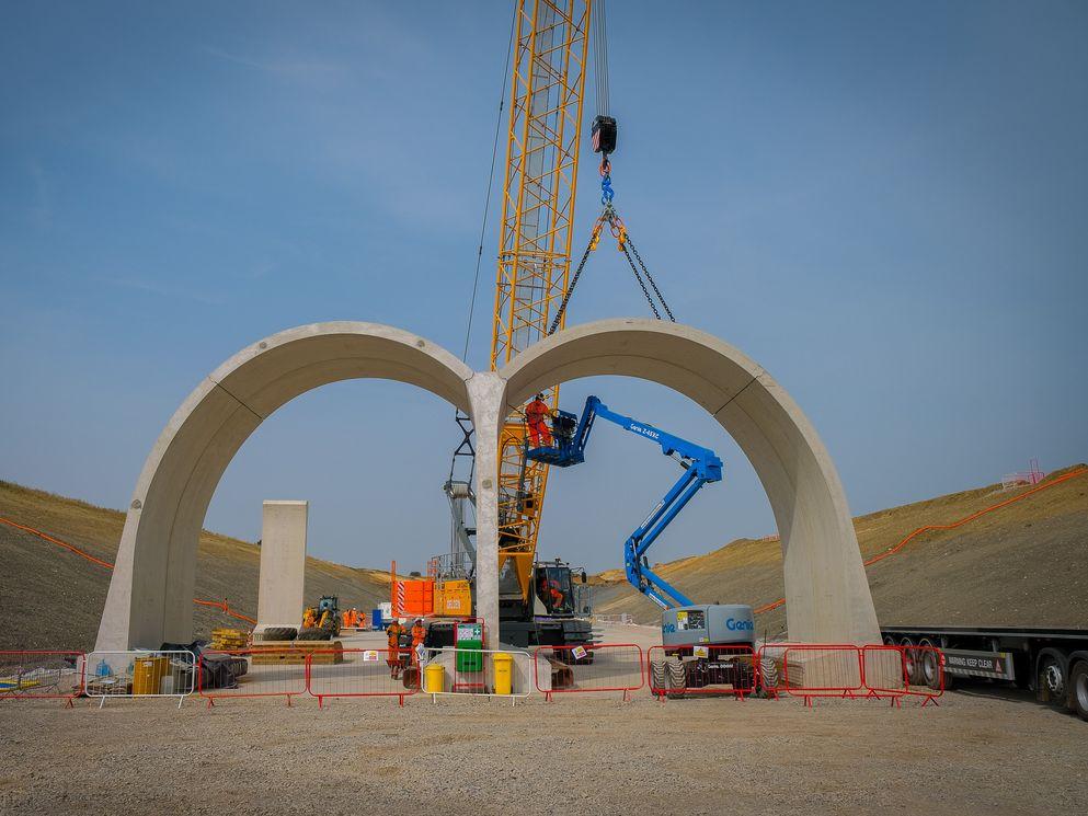 Engineers at work on the first arch