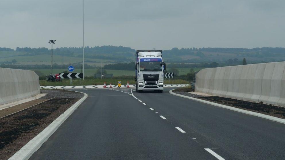 Vehicle driving over the newly opened A41 bridge near Waddesdon