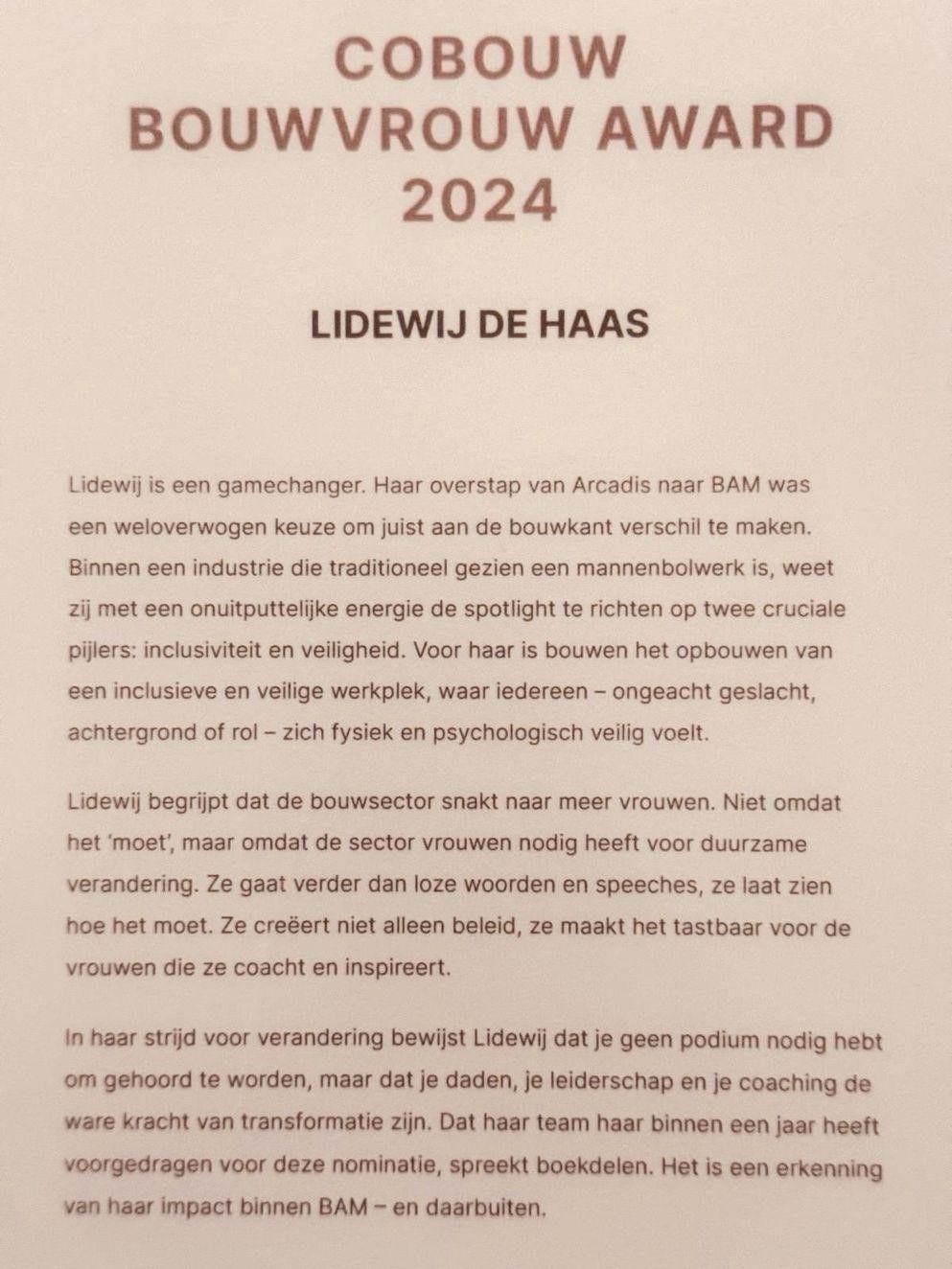 Tekst waarom Lidewij de Cobow bouwvrouw award verdient